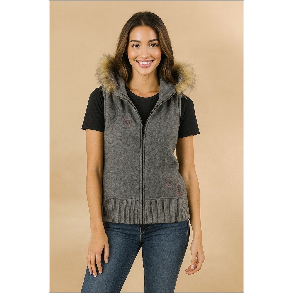 Empyre Reversible Quilted Hooded Vest Large Lambswool Grey Faux Fur Trim Boho - Picture 1 of 16